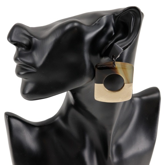 HERMÈS Bicolor Buffalo Horn Earrings Brown/Gold 14.0g Dalva - Picture 2 of 8